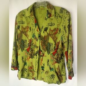*Rare Japanese Rayon Green Button Down Blouse TIANELLA